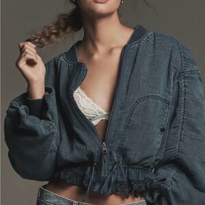 Anthropologie Ruched Lace Denim Jacket NWT